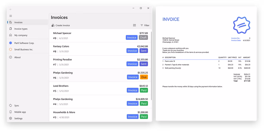 SubTotal invoice app showing an invoice list next to a generated PDF invoice