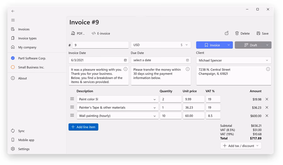 SubTotal invoice editor with client details, line items, tax and totals